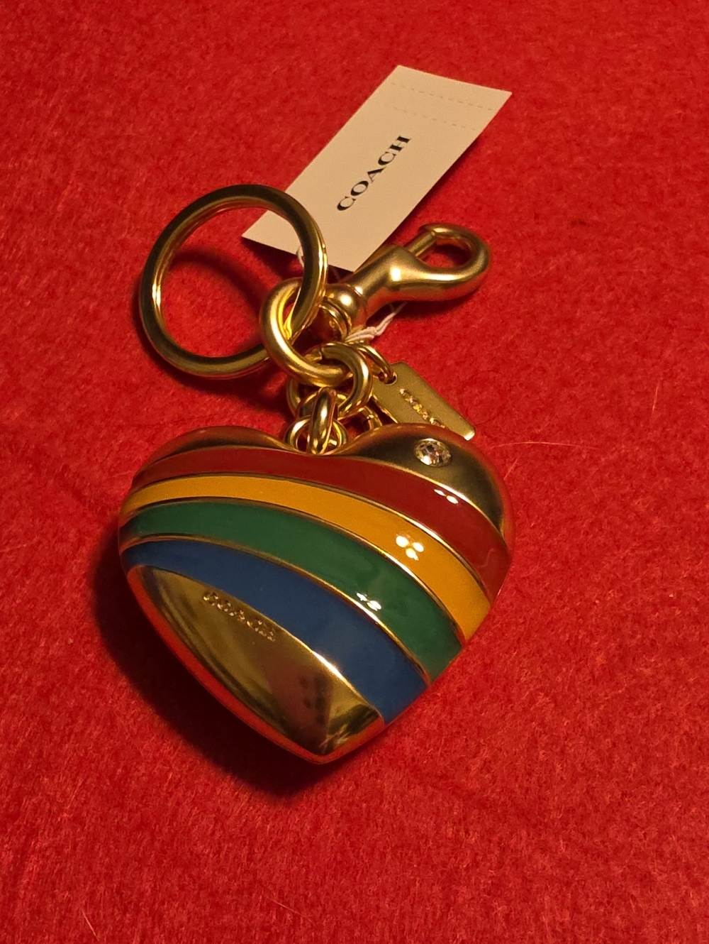COACH Gold Heart Keychain with Red, Yellow, Green, Blue Stripes